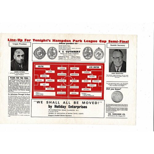 1969/70 Celtic v Ayr United Scottish League Cup Semi Final Football Programme