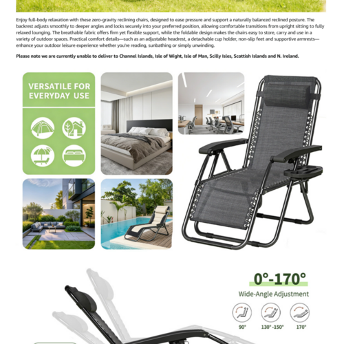 mcc direct Zero Gravity Reclining Chair Set of 2 – Folding Outdoor & Garden Chairs with Textilene Fabric, Cup Holder and Headrest Pillow – TEXTILENE