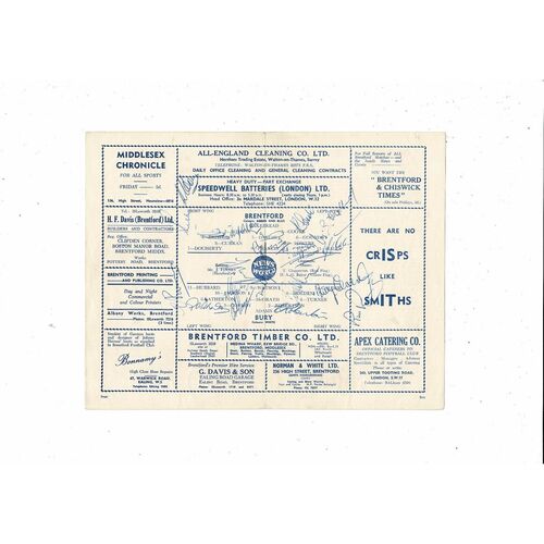 1960/61 Brentford v Bury Football Programme Autographed