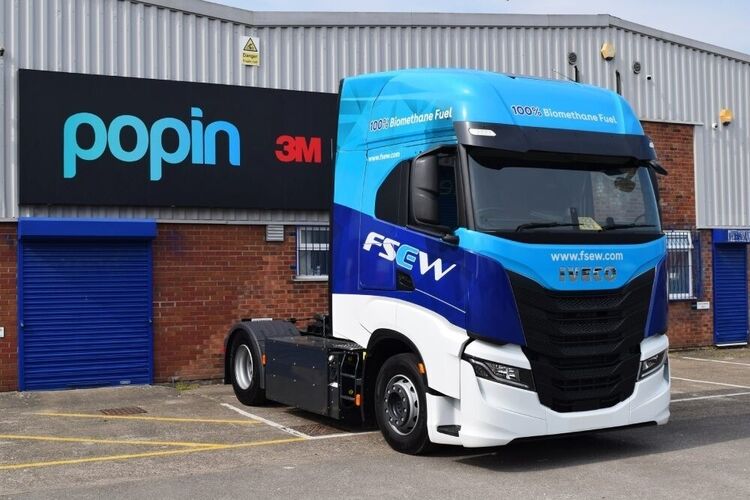 Iveco lorry with newly installed vehicle livery and graphics outside Popin in Cardiff.