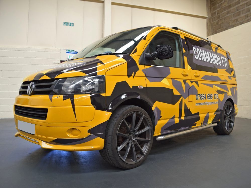 Cool yellow van wrap on Volkswagen Transporter.