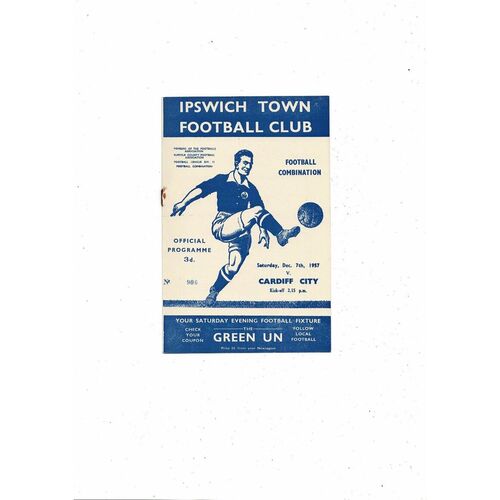 Ipswich Town v Cardiff City Football Combination Football Programme 1957/58