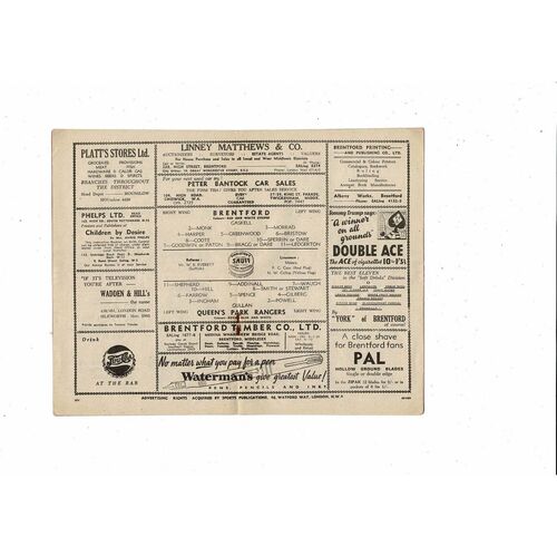 1951/52 Brentford v Queens Park Rangers Football Programme