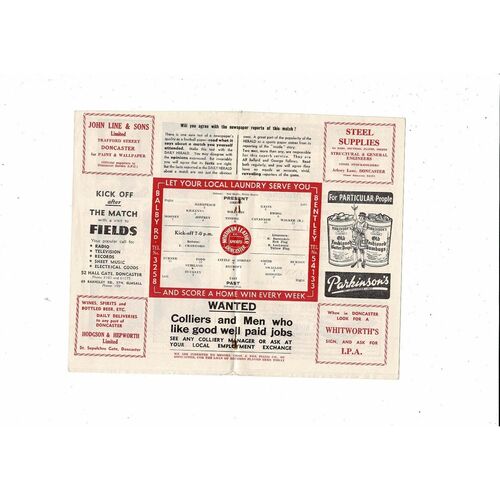 Doncaster Rovers Past v Present Ronnie Dodd Testimonial Football Programme 1956/57