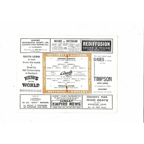 1956/57 Newport County v Torquay United Football Programme