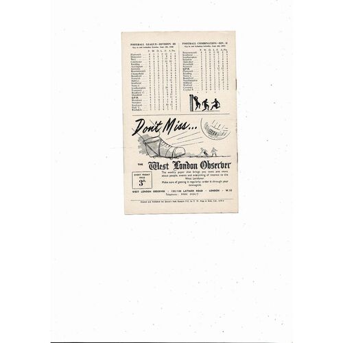 1958/59 Queens Park Rangers v Norwich City Football Programme