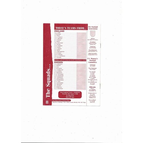 1998 England v Sweden Women's International Football Programme @ Dagenham