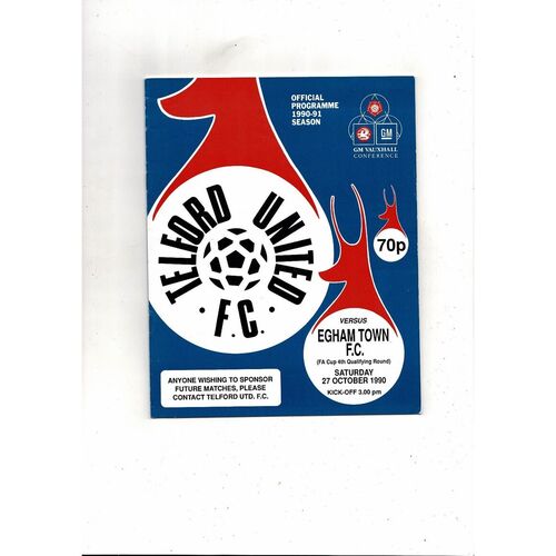 Telford United v Egham Town FA Cup Football Programme 1990/91