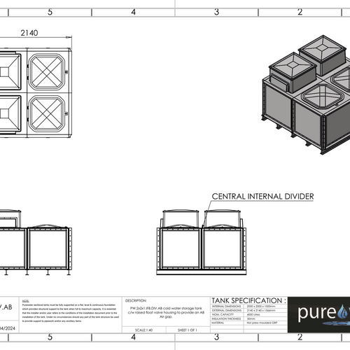 PW.2X2X1.IFB.DIV.AB(1+1) - 4000 LITRE DIVIDED SECTIONAL WATER TANK, INTERNALLY FLANGED BASE (IFB) C/W FVH
