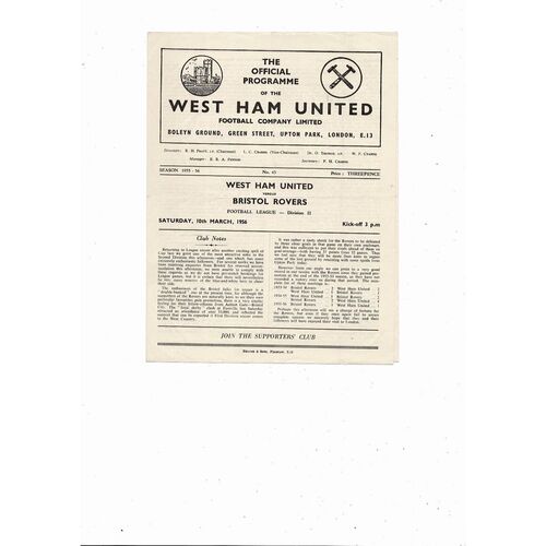 1955/56 West Ham United v Bristol Rovers Football Programmes