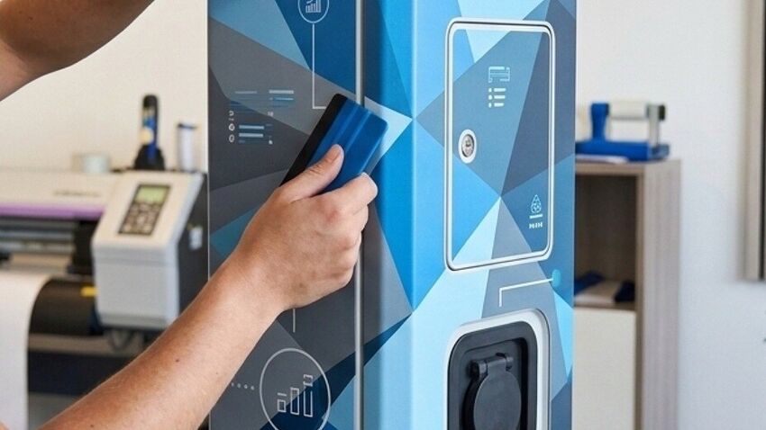 A print technician precisely applies a custom-designed blue geometric vinyl wrap to the edge of a new electric vehicle charging station using a squeegee in a professional production studio.