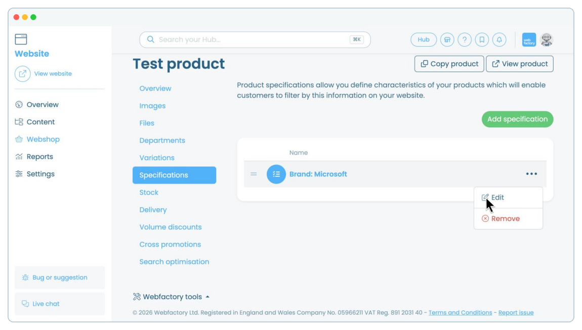 How to add and manage product specifications | Webfactory Support | Webfactory