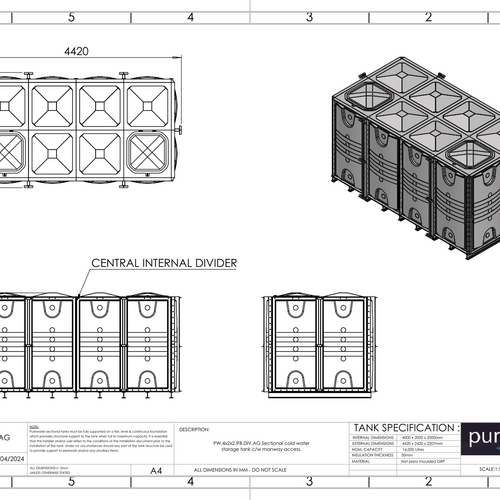 PW.4X2X2.IFB.DIV.AG(2+2) - 16000 LITRE DIVIDED SECTIONAL WATER TANK, INTERNALLY FLANGED BASE (IFB)