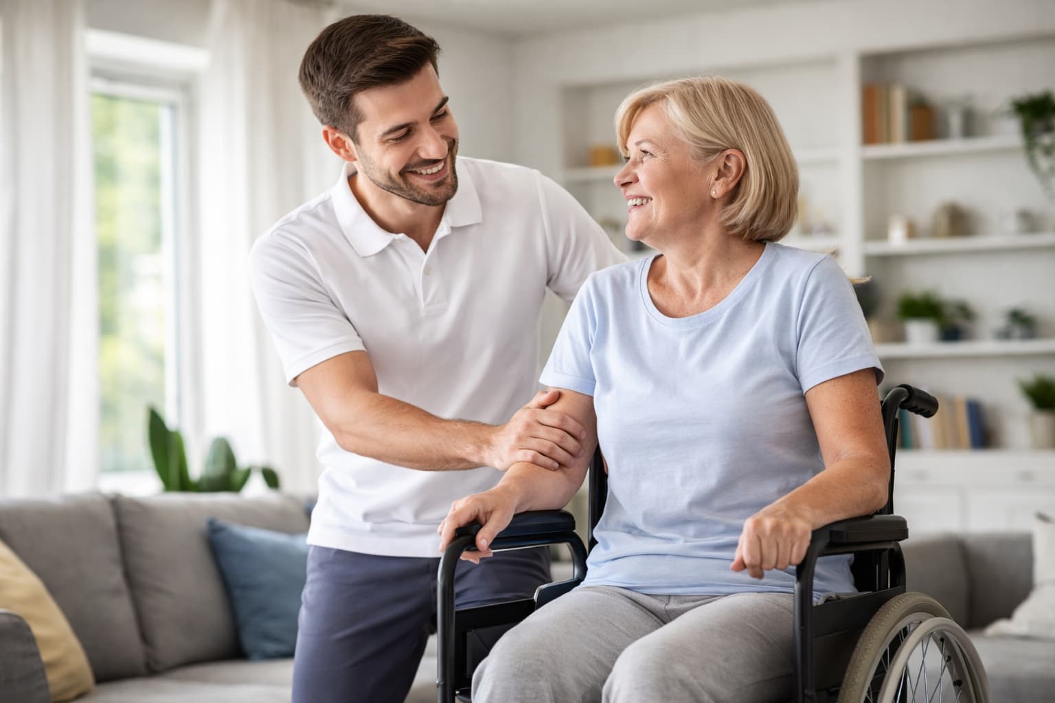 Brain injury physiotherapy session at home with patient in wheelchair and physiotherapist