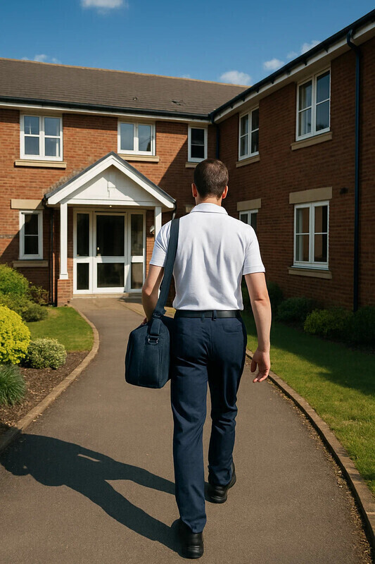 Senior physiotherapist supporting mobility in a care home setting