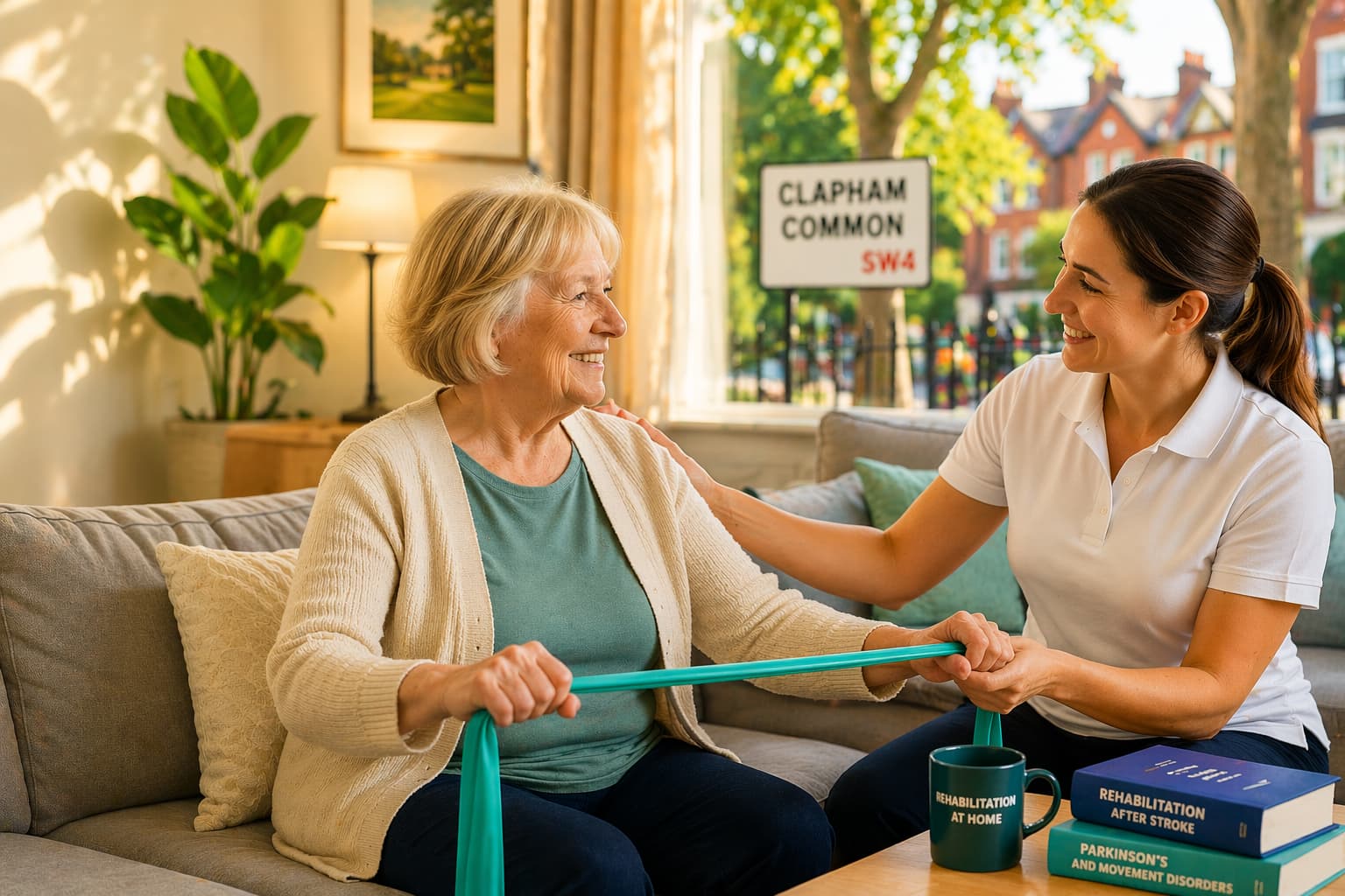 Home visit physiotherapy in Clapham supporting a client with rehabilitation and exercise at home