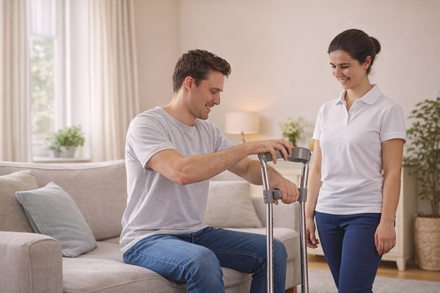 Patient recovering from hip fracture with physiotherapy support at home