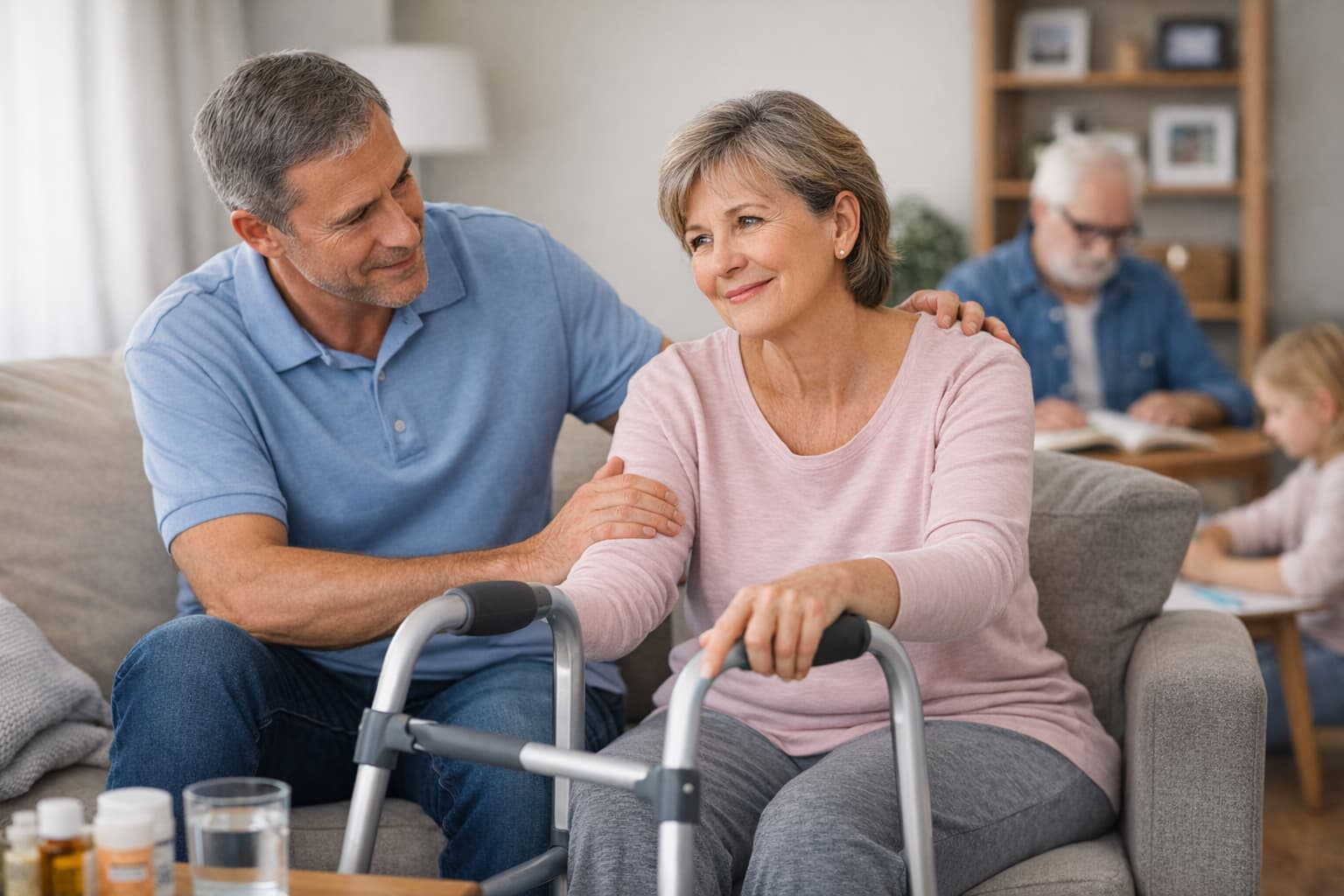 Stroke recovery at home using a walking frame with family support
