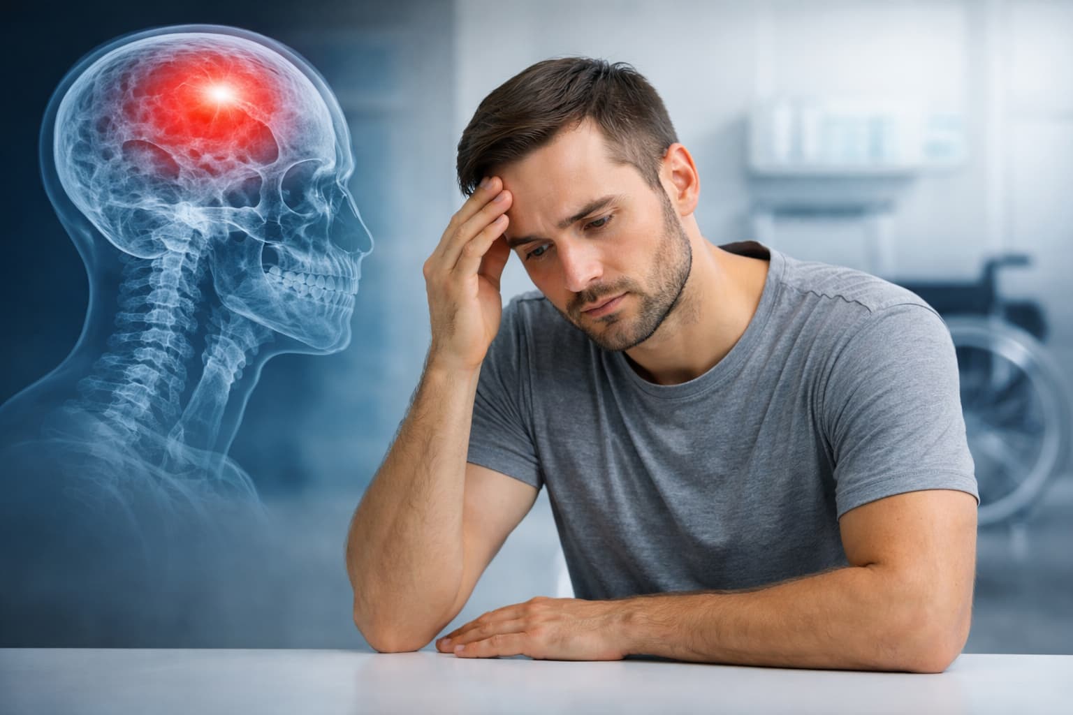 Client with traumatic brain injury looking concerned during assessment