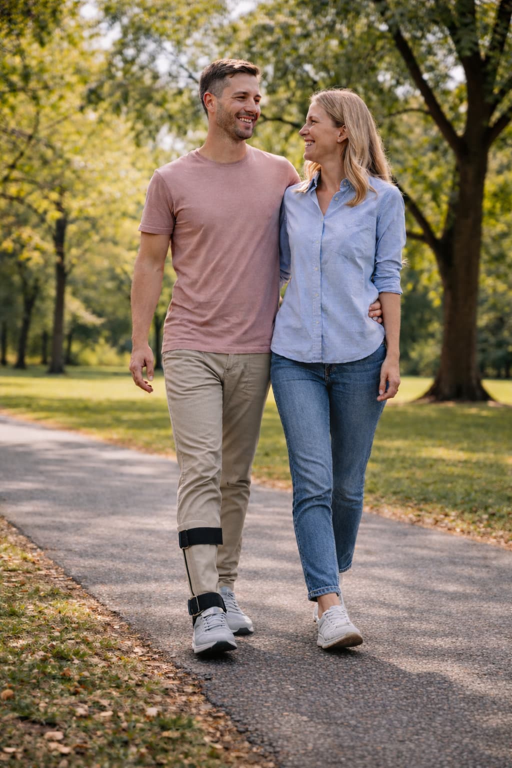 Person with multiple sclerosis walking outdoors with partner using ankle foot orthosis