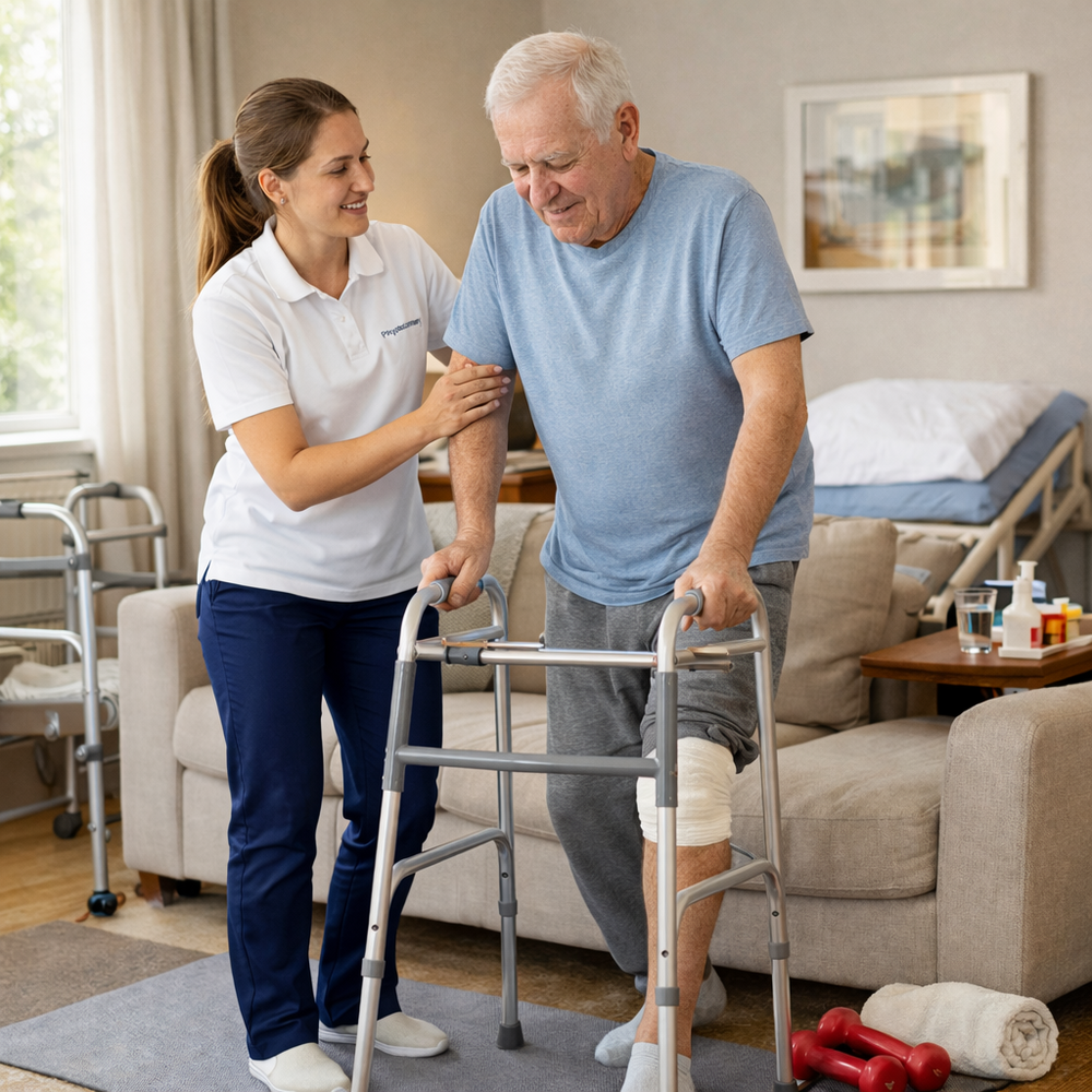 Elderly physiotherapy at home with physiotherapist supporting mobility exercises