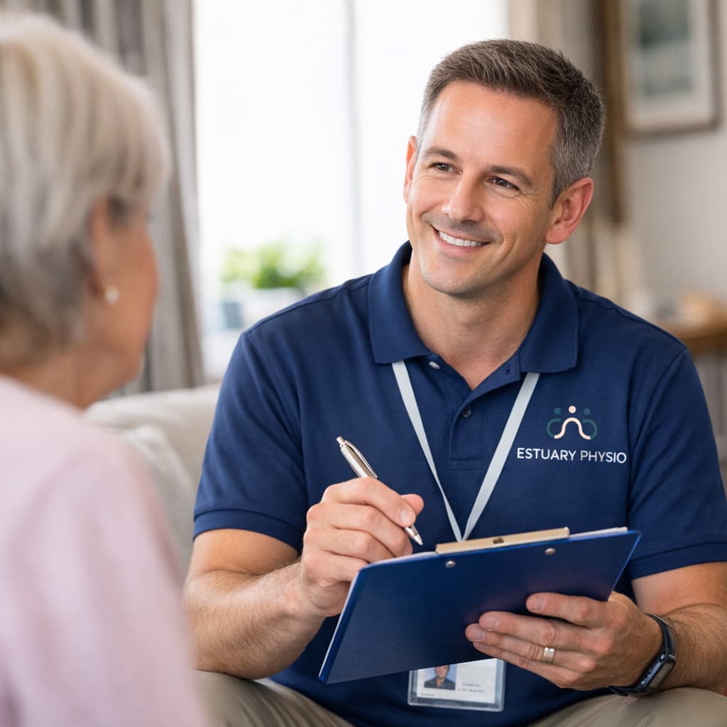 Senior physiotherapist conducting structured home visit physiotherapy consultation in a patient's home