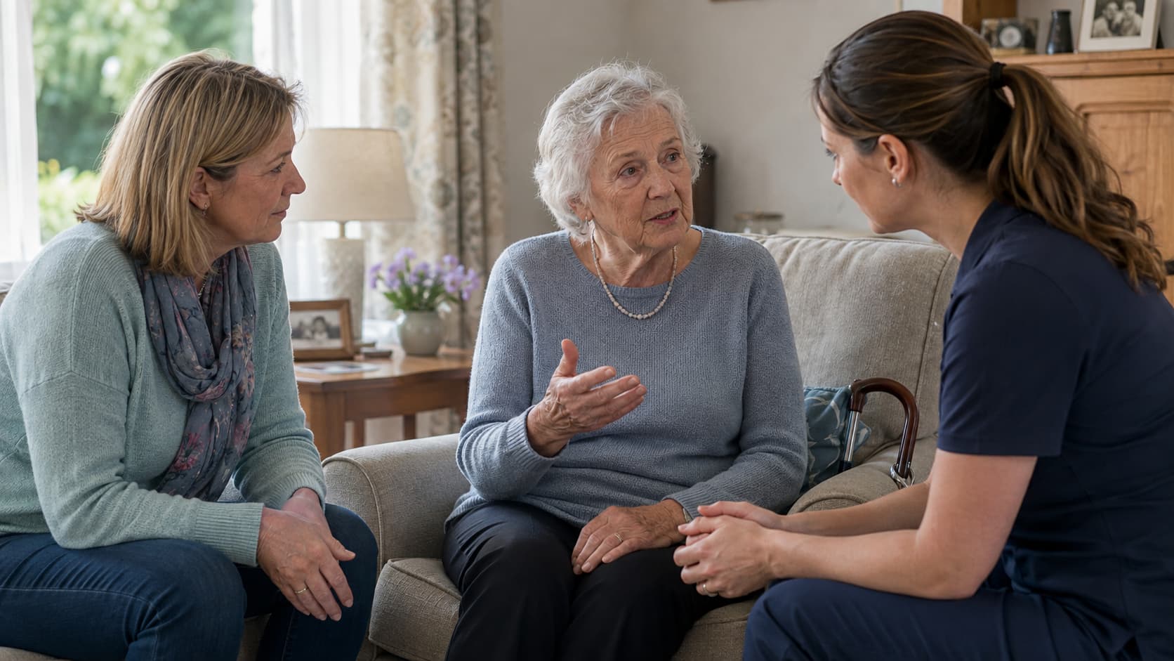 Older woman discussing home physiotherapy with a physiotherapist while her daughter listens