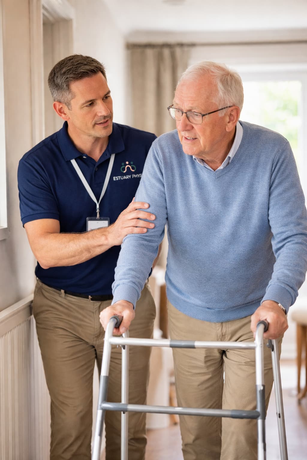 Senior physiotherapist supporting elderly client walking safely in hallway during home visit physiotherapy session