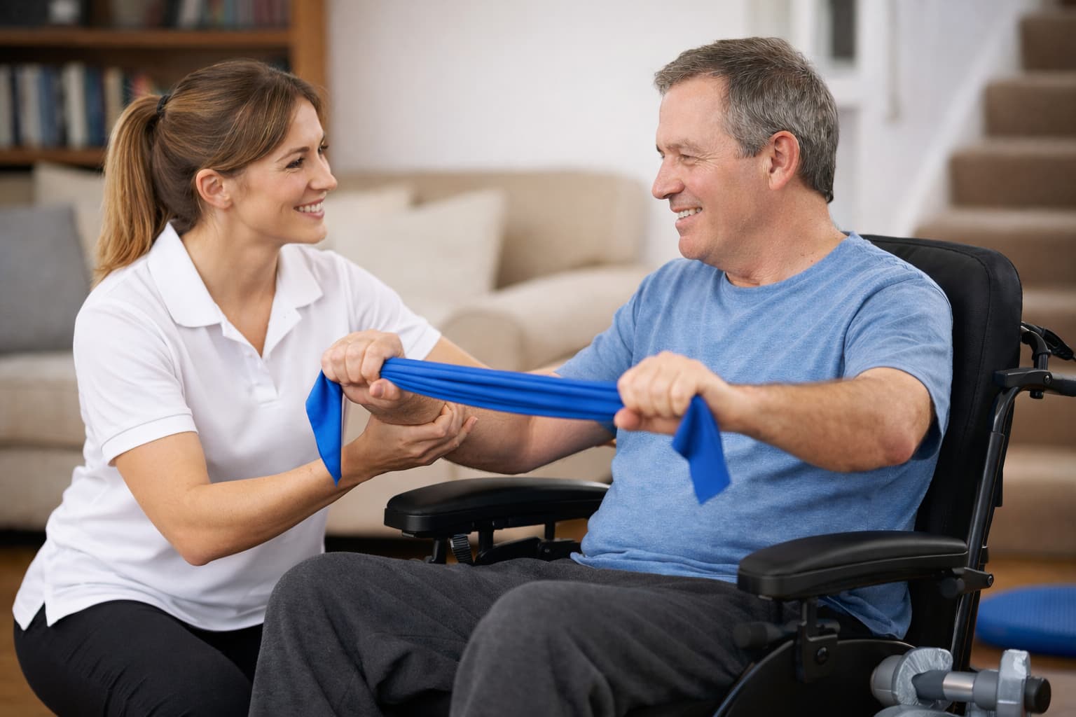Physiotherapist providing rehabilitation exercises for a person with multiple sclerosis at home