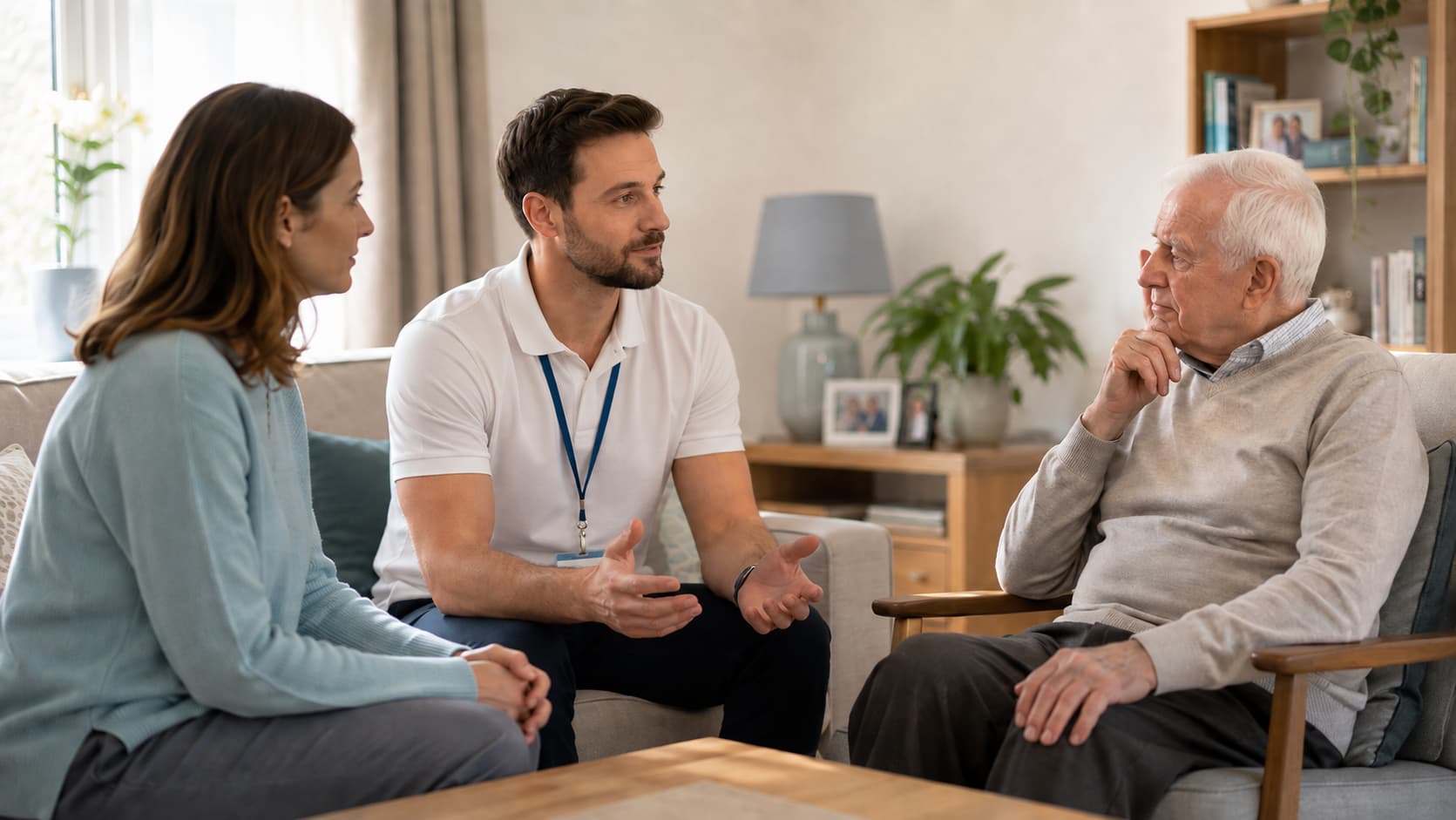 Older man discussing home physiotherapy with a physiotherapist in a white polo while his daughter listens