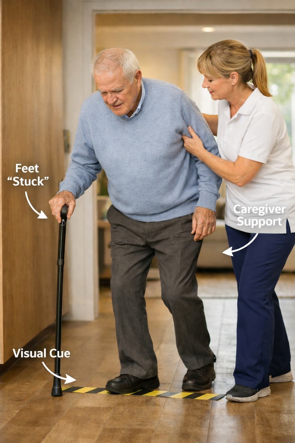 Physiotherapist helping a client with Parkinson’s disease overcome freezing of gait using visual cueing