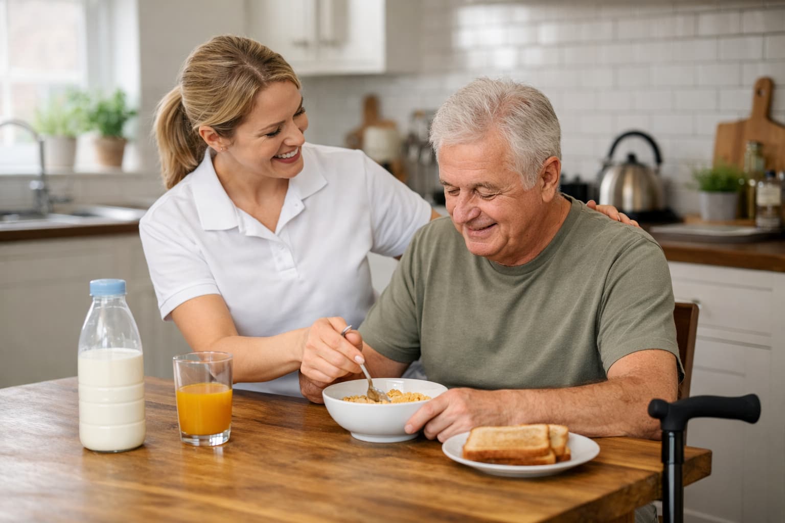 Physiotherapist supporting brain injury client with activities of daily living