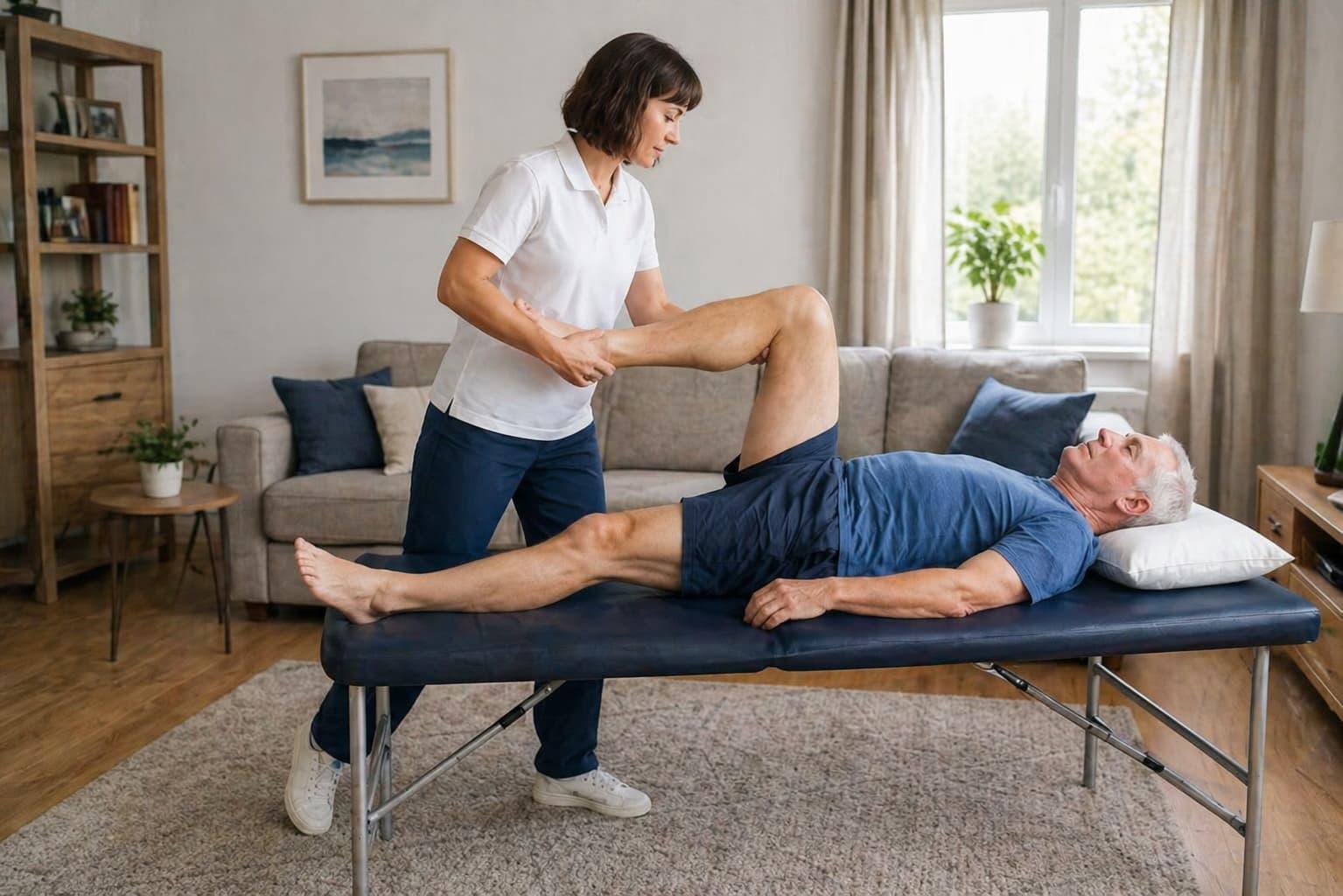 Physiotherapist supporting a patient after hip replacement at home