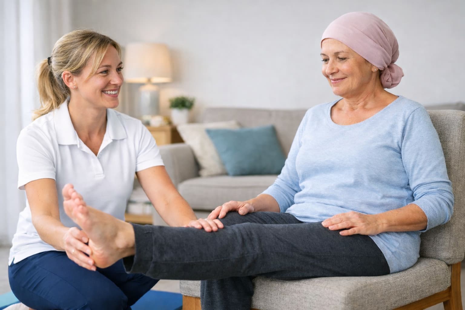 Oncology physiotherapy rehabilitation exercise during home visit physiotherapy session