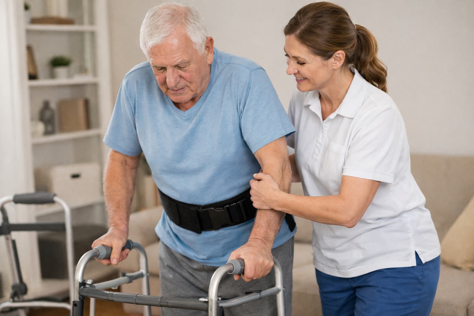 Physiotherapist supporting older adult with zimmer frame during post-hospital rehabilitation at home in Essex and London