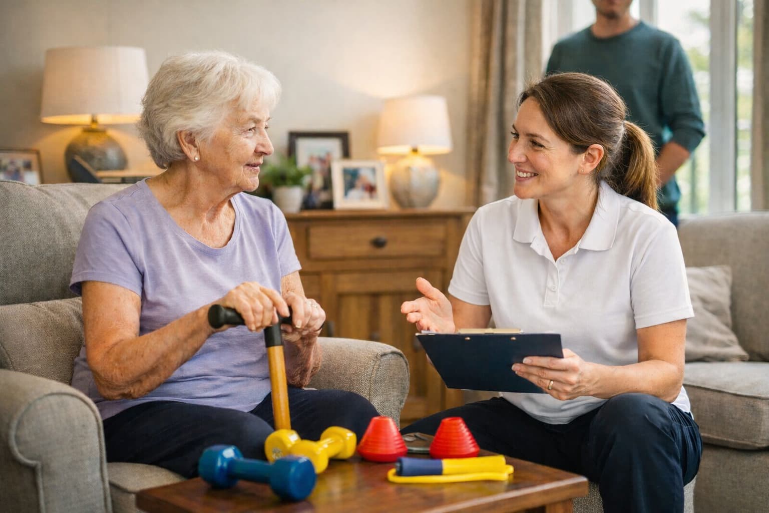 Physiotherapist supporting a person living with dementia during rehabilitation