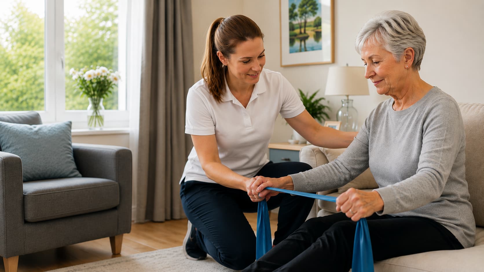 Home physiotherapist helping an older adult exercise at home in South West London