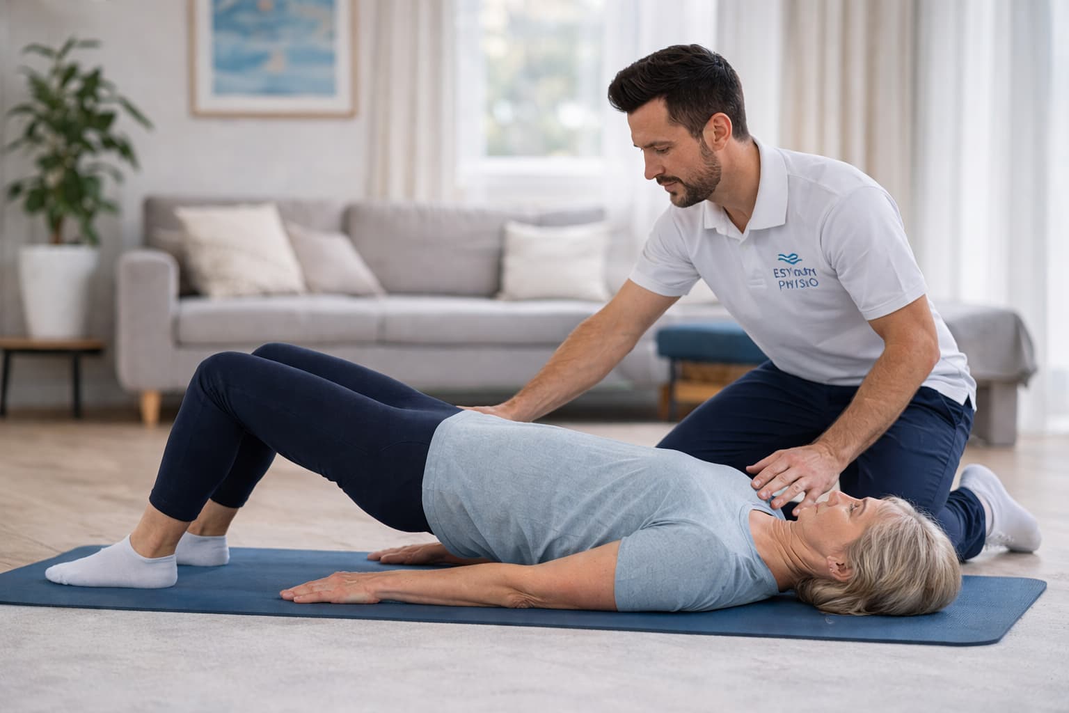 Physiotherapist supporting spinal decompression recovery at home