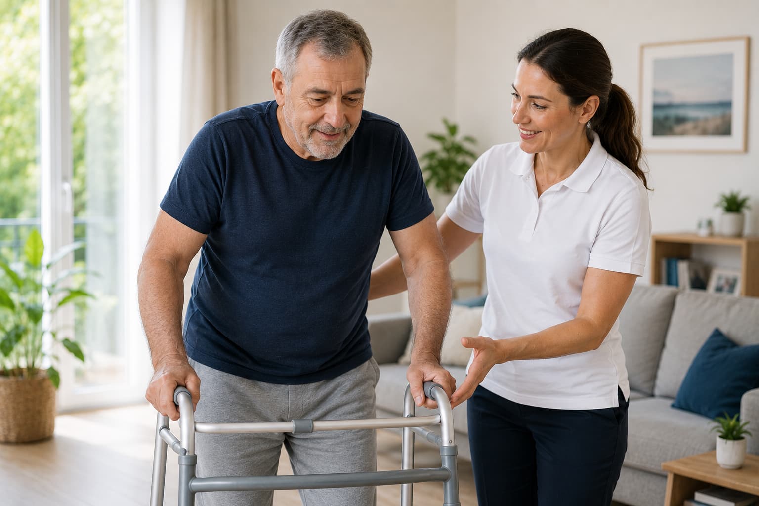 Female physiotherapist supporting an older man using a walking frame during a home physiotherapy session in Surrey