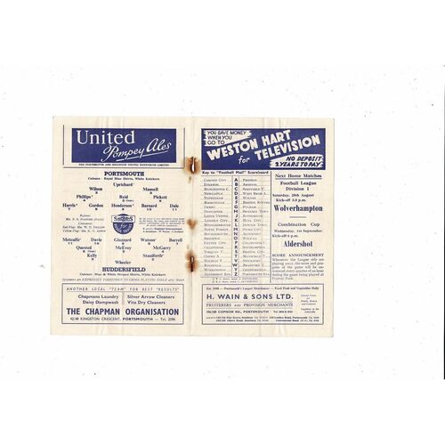 1954/55 Portsmouth v Huddersfield Town Football Programme