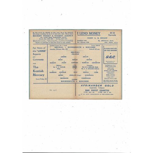 1954/55 Millwall v Bournemouth Football Programme