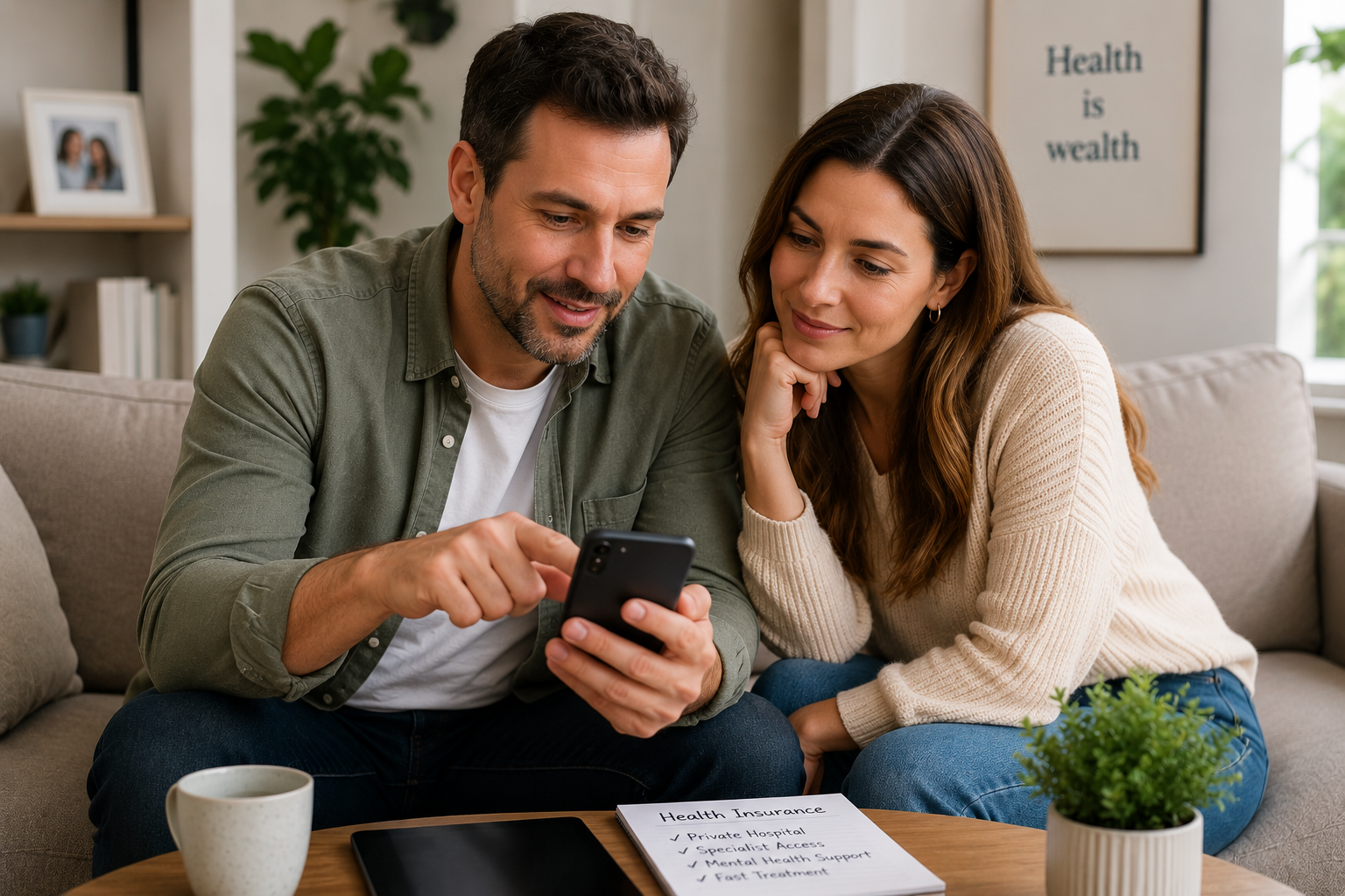 Couple comparing private health insurance options on their mobile phone