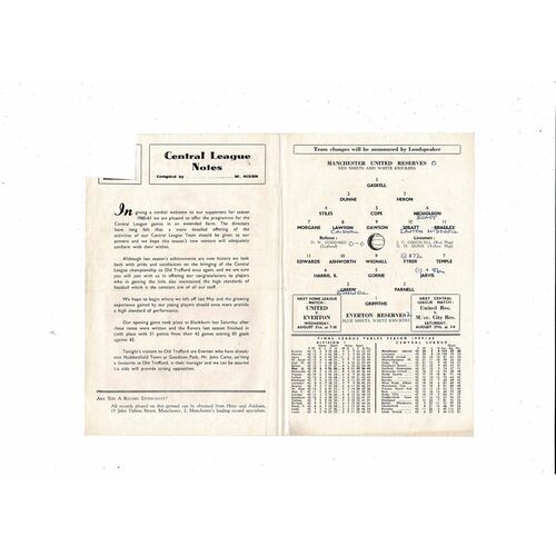 Manchester United v Everton Central League Football Programme August 1960/61