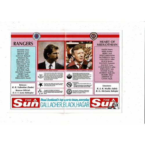 1988/89 Rangers v Hearts Scottish League Cup Semi Final Football Programme