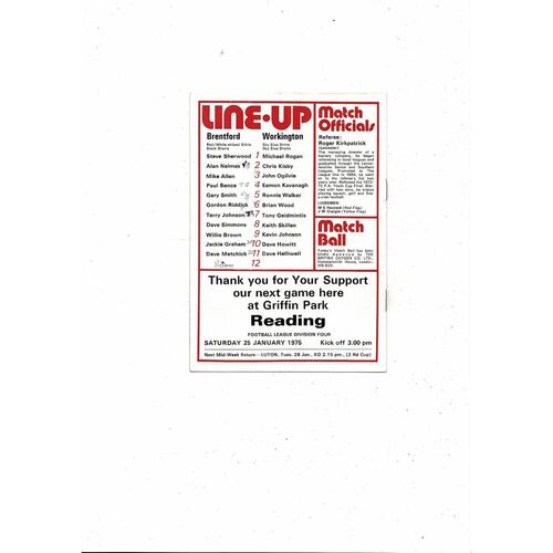 1974/75 Brentford v Workington Football Programme