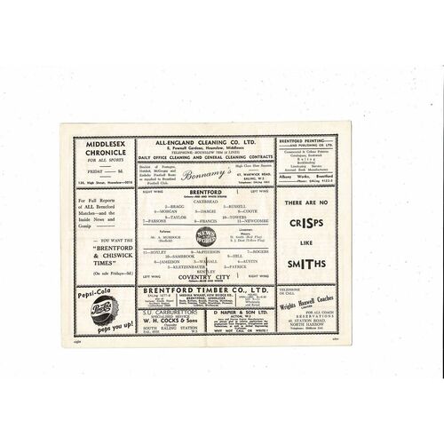 1956/57 Brentford v Coventry City Football Programme