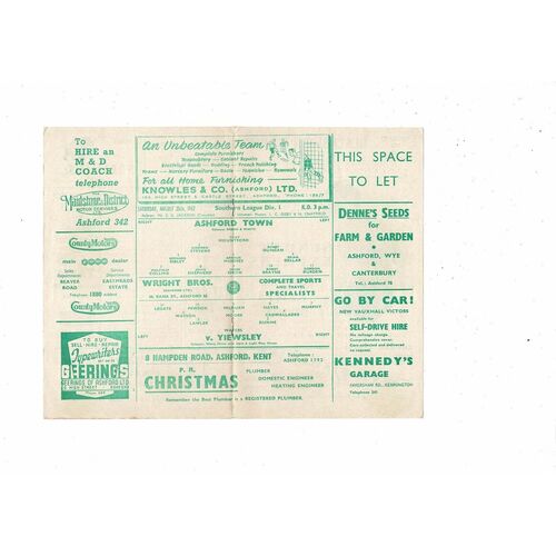 1962/63 Ashford v Yiewsley Southern League Football Programme