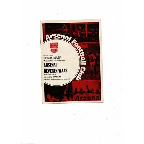 Arsenal v Beveren Waas Fairs Cup Football Programme 1970/71