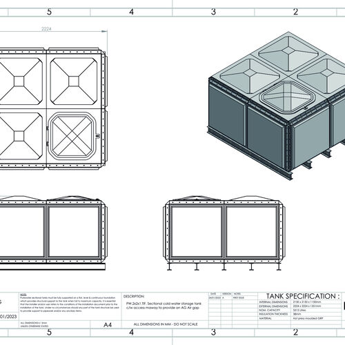 PW.2X2X1.TIF.AG - 5315 LITRE SECTIONAL WATER TANK, TOTALLY INTERNALLY FLANGED (TIF)