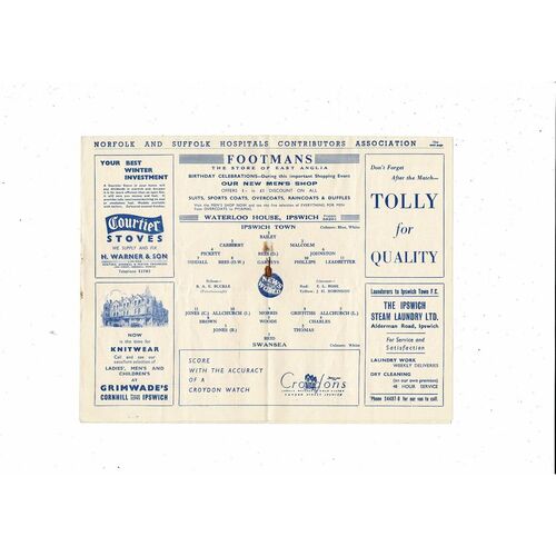 1957/58 Ipswich Town v Swansea Football Programme